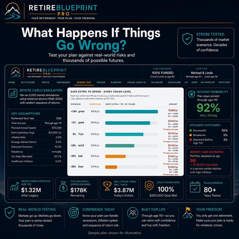 Puede incluir: Una infograf&iacute;a de panel de RetireBlueprint Pro titulada What Happens If Things Go Wrong? que muestra una simulaci&oacute;n de Monte Carlo, datos de pruebas de estr&eacute;s, niveles de gasto extra seguro, probabilidad de &eacute;xito del 92% y m&eacute;tricas financieras.