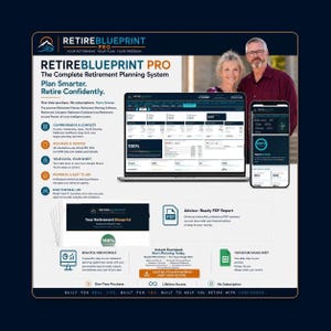 Könnte beinhalten: Werbung für das Rentenplanungssystem RetireBlueprint Pro mit einem Laptop und Smartphone, die Finanz-Dashboards, ein PDF-Berichtssymbol und Textdetails zu Funktionen wie umfassender Planung, Google-Tabellen-Integration und lebenslangem Zugriff zeigen.