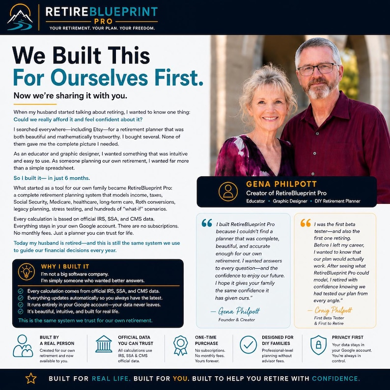 Puede incluir: Un gr&aacute;fico promocional de RetireBlueprint Pro con una foto de Gena y Craig Philpott. El texto detalla un sistema de planificaci&oacute;n de jubilaci&oacute;n, incluyendo testimonios, datos oficiales y beneficios de privacidad para el usuario.