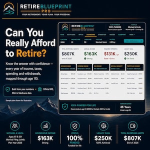 Puede incluir: Un panel digital titulado RetireBlueprint Pro que muestra datos de planificaci&oacute;n financiera para Michael y Linda. La interfaz muestra activos invertibles de $807K, ingresos anuales de $163K y un objetivo de legado de $250K.