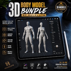 May include: A digital 3D body model bundle for Procreate by Hulkluts displayed on a tablet screen. The screen shows a male and female figure with a wireframe overlay, a layer menu for 3D objects, and lighting controls. A white stylus rests nearby.