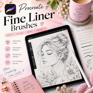 May include: A digital tablet displaying a black and white line art portrait of a person with a floral design. The screen shows the Procreate app interface. A white stylus rests on the tablet. Text on the screen reads Procreate Fine Liner Brushes.