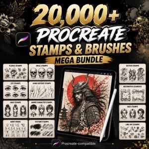 Könnte beinhalten: Eine digitale Sammlung von über 20.000 Procreate-Stempeln und Pinseln in einem Mega-Bundle. Das Bild zeigt ein Tablet mit einer Samurai-Illustration sowie kategorisierte Stempel-Sets, darunter florale, Totenkopf-, Augen-, Hand- und Anime-Motive.