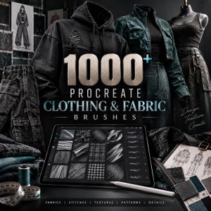 May include: A digital tablet displaying a Procreate brush set interface with the text 1000+ PROCREATE CLOTHING & FABRIC BRUSHES. The screen shows various fabric textures, patterns, and stitches. A white stylus rests on the tablet surface.
