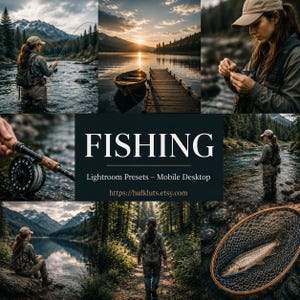 Puede incluir: Una colección de imágenes que muestran a una persona pescando con mosca en un río, un bote de madera en un muelle al atardecer, un carrete de pesca, una trucha en una red y una persona caminando por un bosque. El texto dice FISHING Lightroom Presets.