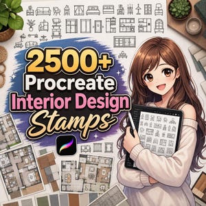May include: A digital collection of 2500+ Procreate interior design stamps featuring an anime-style character holding a tablet displaying furniture icons. The background includes various floor plans and line art illustrations of home furnishings.