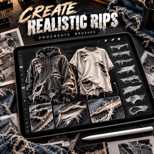 Könnte beinhalten: Ein digitales Tablet mit einem Procreate-Pinselset namens CREATE REALISTIC RIPS. Der Bildschirm zeigt einen anthrazitfarbenen Kapuzenpullover und ein beiges T-Shirt mit abgenutzten Rissen sowie ein vertikales Menü mit verschiedenen Pinselstrichmustern.
