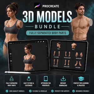 Puede incluir: Un paquete de modelos 3D digitales para Procreate con partes del cuerpo totalmente separadas. La imagen muestra figuras femenina y masculina, pantallas de tabletas con partes anatómicas como cabeza, torso, brazos, manos, piernas y pies, y un lápiz óptico.