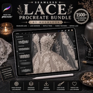 May include: A digital tablet displaying a Procreate brush library with lace patterns, featuring a bridal gown illustration. The screen shows categories for seamless lace, borders, and ruffles. Text includes Seamless Lace Procreate Bundle by Hulkluts.