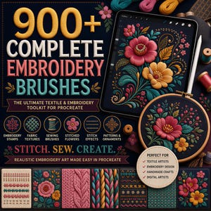 Può includere: Un kit di strumenti digitali per Procreate con oltre 900 pennelli da ricamo, incluse texture di tessuto, pennelli da cucito ed effetti punto. L'immagine mostra disegni floreali su uno schermo di tablet e un telaio da ricamo in legno.