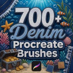 May include: A digital graphic featuring the text 700+ Denim Procreate Brushes rendered in a textured denim fabric style. The background displays an underwater scene with a treasure chest, gold coins, starfish, coral, and clownfish.