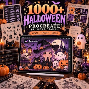 May include: A digital tablet displaying a Procreate illustration of a character with purple hair wearing a witch hat, surrounded by pumpkins, ghosts, and a black cat. The screen shows the Procreate logo and a stylus rests in front of the tablet.