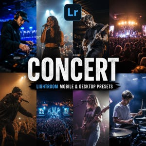 Op de afbeelding: Een digitale collectie van Lightroom mobiele en desktop presets getiteld CONCERT, met een collage van acht live muziekfoto's waaronder dj's, vocalisten, gitaristen, drummers en grote festivalmenigten onder podiumverlichting.