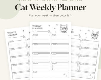 Cat Weekly Planner Printable, Coloring Planner Page for Cat Lovers, Cute Undated Weekly Schedule, To Do List, A4 + US Letter PDF Download