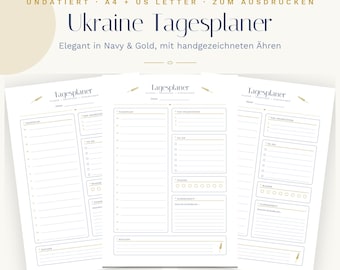 Tagesplaner zum Ausdrucken, Ukraine Edition in Navy and Gold, undatierter Tagesplan mit To-do, Prioritäten & Dankbarkeit, A4 + US Letter
