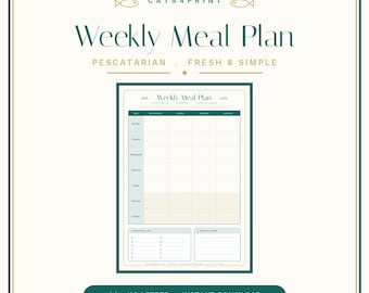 Pescatarian Weekly Meal Planner Printable, Undated Meal Plan with Grocery List, Minimalist Kitchen Menu Organizer, A4 + US Letter PDF