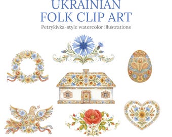 Ukrainische Volkskunst Clipart Set, 18 Aquarell PNG, Petrykivka Sonnenblume Weizen Pysanka, transparenter Hintergrund, kommerzielle Nutzung