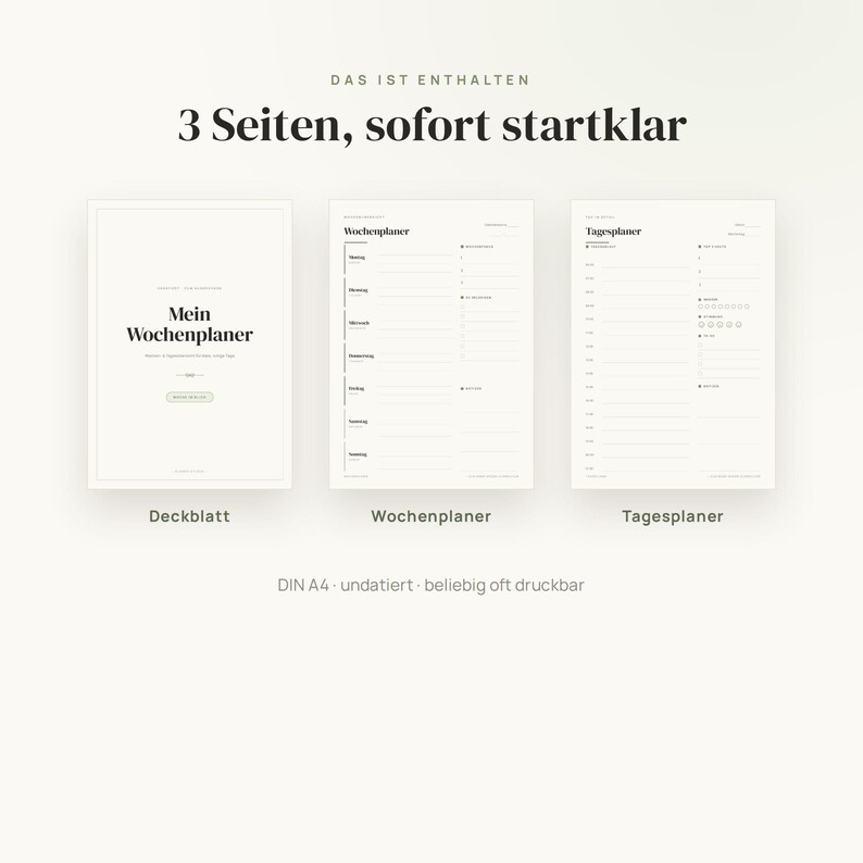 May include: A set of three printable planner pages in A4 size, including a cover page titled Mein Wochenplaner, a weekly planner page labeled Wochenplaner, and a daily planner page labeled Tagesplaner, all featuring black text on a white background.