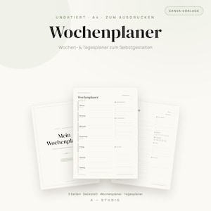 May include: A digital A4 weekly planner template set featuring three pages with black text on a white background. The pages include a cover sheet, a weekly schedule layout with days of the week, and a daily task list with checkboxes and sections.