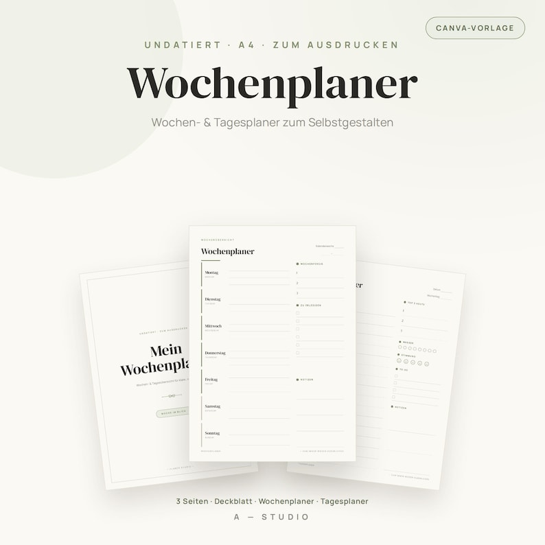 May include: A digital A4 weekly planner template set featuring three pages with black text on a white background. The pages include a cover sheet, a weekly schedule layout with days of the week, and a daily task list with checkboxes and sections.