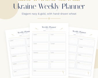 Ukraine Weekly Planner Printable, Elegant Blue Gold Undated Weekly Schedule, Wheat Stationery, To Do List & Notes, A4 + US Letter PDF