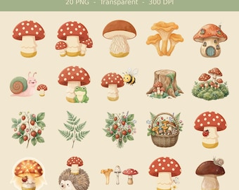 Cottagecore Mushroom Clipart Bundle, 20 PNG Watercolor Fungi, Transparent Background, Commercial Use, Amanita Forest, Digital Download
