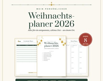 Weihnachtsplaner 2026 zum Ausdrucken | Geschenke, Budget, Menü & Einkaufsliste | Weihnachten Organizer Deutsch | PDF A4 + US Letter