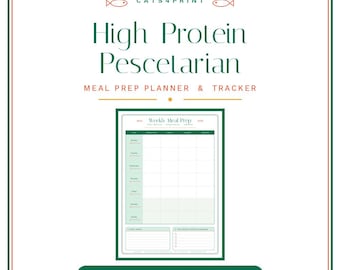 Pescetarian High Protein Meal Prep Planner Printable, Weekly Meal Plan + Protein Tracker + Grocery List, A4 US Letter PDF Download