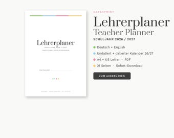 Lehrerplaner 2026/2027 zum Ausdrucken | DE + EN | Stundenplan Notenübersicht Klassenliste | undatiert + datiert | A4 + USLetter PDF