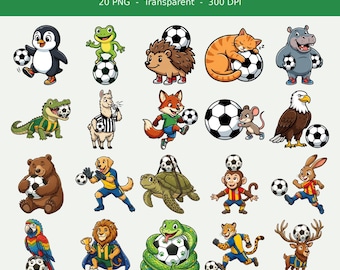 Animal Soccer Mascot Clipart Bundle, 20 PNG Cartoon Football Animals, Transparent Background, Kids Sports Party, Digital Download