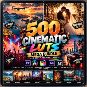 Puede incluir: Un gráfico de producto digital titulado 500 CINEMATIC LUTS MEGA BUNDLE. La imagen presenta cuatro cuadrantes que muestran un paisaje de dron, una pareja de boda, una multitud en un concierto y una calle urbana. Los iconos de software para Premiere Pro, DaVinci Resolve, Final Cut Pro, After Effects y CapCut se muestran debajo del texto.