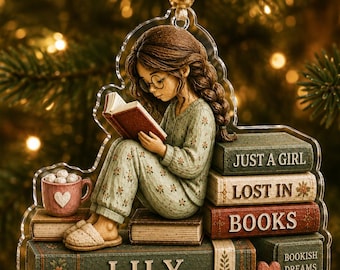 Adorno navideño personalizado para amantes de los libros, adorno navideño acrílico personalizado para lectores, regalo ideal para ella, decoración para el árbol de Navidad con temática literaria.