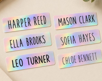Pegatinas holográficas personalizadas con nombres, etiquetas escolares impermeables para niños, calcomanías de vinilo personalizadas para botellas de agua, loncheras y útiles escolares.