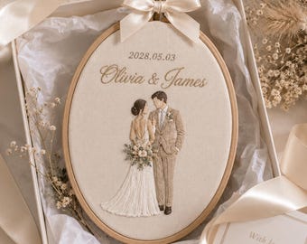 Custom Wedding Portrait Embroidered Ornament, Personalized Couple Photo Hoop Keepsake, Anniversary Gift for Wife, Newlywed Wedding Gift