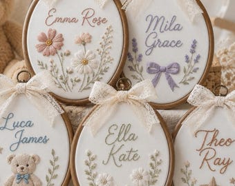 Letrero bordado floral personalizado con el nombre del bebé, aro personalizado para la habitación del bebé, decoración de pared para anunciar el nacimiento, regalo para baby shower, decoración para la habitación del bebé.
