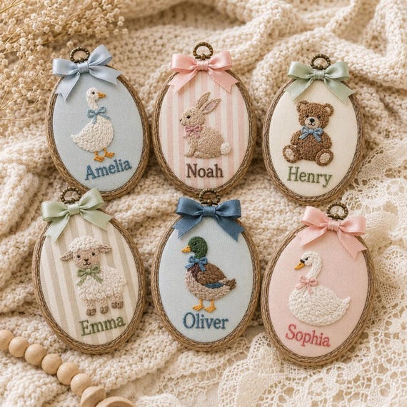 Personalized Farm Animal Baby Name Ornament, Custom Embroidered Oval Hoop, Nursery Wall Decor, Baby Shower Gift, Heirloom Keepsake