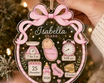 Adorno acrílico personalizado para la primera Navidad del bebé 2026, recuerdo de datos de nacimiento con lazo coqueto, adorno personalizado con el nombre de la niña, regalo para recién nacido