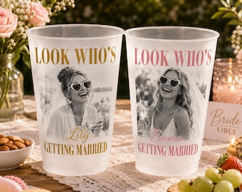 Vasos personalizados con diseño de "Mira quién se casa", vaso personalizado con foto de la novia, recuerdo para despedida de soltera en la playa, vasos reutilizables para bodas.