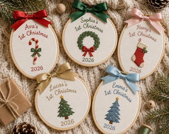 Adorno navideño personalizado para la primera Navidad del bebé 2026, aro bordado con nombre personalizado, recuerdo navideño para recién nacidos, regalo navideño para bebés
