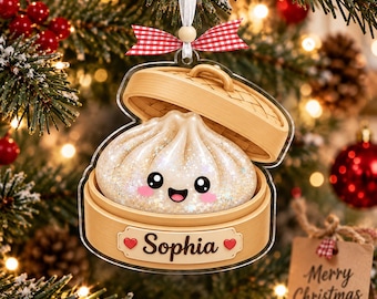 Personalized Glitter Dumpling 2D Acrylic Ornament, Custom Name Squishy Dumpling Acrylic Christmas Keepsake, Dumpling Lover Kids Gift