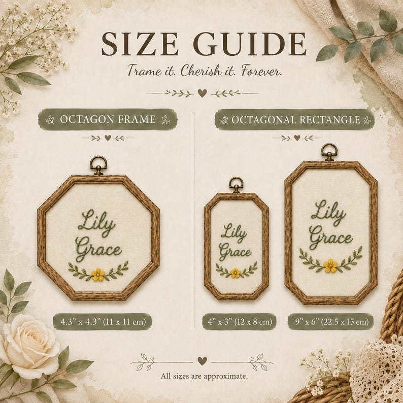 Puede incluir: Una gu&iacute;a de tama&ntilde;os para bastidores de bordado con el texto SIZE GUIDE y Trame it. Cherish it. Forever. Muestra tres marcos de madera con el nombre bordado Lily Grace y una flor amarilla, indicando medidas de 11 x 11 cm, 12 x 8 cm y 22,5 x 15 cm.
