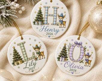 Personalized Reindeer Letter Ornament, Custom Monogram Name Christmas Bauble, Kids Initial Keepsake, Family Holiday Gift