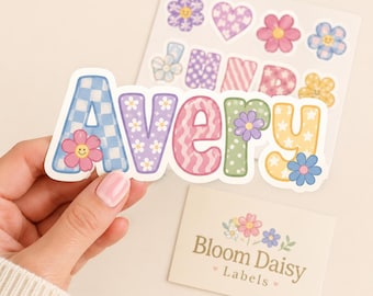Pegatinas personalizadas con nombres florales, calcomanías de vinilo personalizadas, leopardo rosa, etiquetas para niños