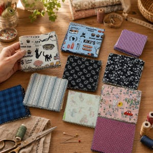 May include: A collection of square fabric swatches featuring various patterns including black cats, food illustrations with the text KIKI'S, blue stripes, black paisley, floral prints, purple gingham, and a light pink print with rabbits and cars.