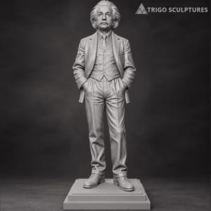 May include: A monochromatic gray sculpture of Albert Einstein standing on a rectangular base. The figure wears a suit, vest, and tie with hands in pockets. The text TRIGO SCULPTURES is visible in the upper right corner of the image.