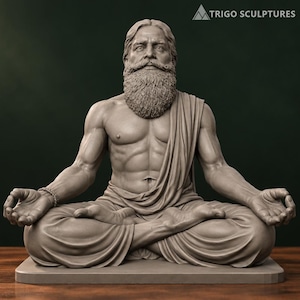 May include: A grey monochromatic sculpture of a bearded person with long hair sitting in a cross-legged meditation pose. The figure has a muscular torso, wears draped fabric over one shoulder, and has hands resting on knees with fingers in a mudra position.