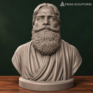 May include: A monochromatic gray bust sculpture of a person with a full, textured beard and long hair, wearing draped clothing. The figure has a serious expression with detailed facial features. The text TRIGO SCULPTURES is visible at the top right.