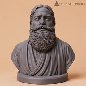 May include: A dark gray bust sculpture of a bearded person with long hair and draped clothing, set on a circular base. The text TRIGO SCULPTURES is visible in the upper right corner. The figure features detailed facial hair and fabric folds.