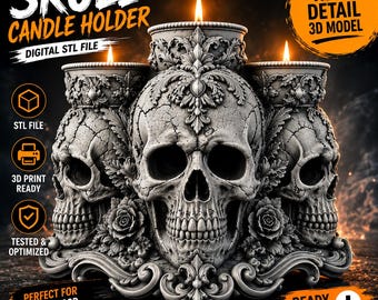 Skull Candle Holder STL & 3MF | Gothic Candelabra 3D Print Files | Dark Fantasy Halloween Decor | Printable Skull STL Download