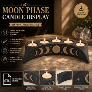 May include: A dark grey, curved 3D printable candle holder featuring five circular slots for tea light candles. The front surface displays embossed gold-coloured moon phases and small star motifs. The text reads MOON PHASE CANDLE DISPLAY.